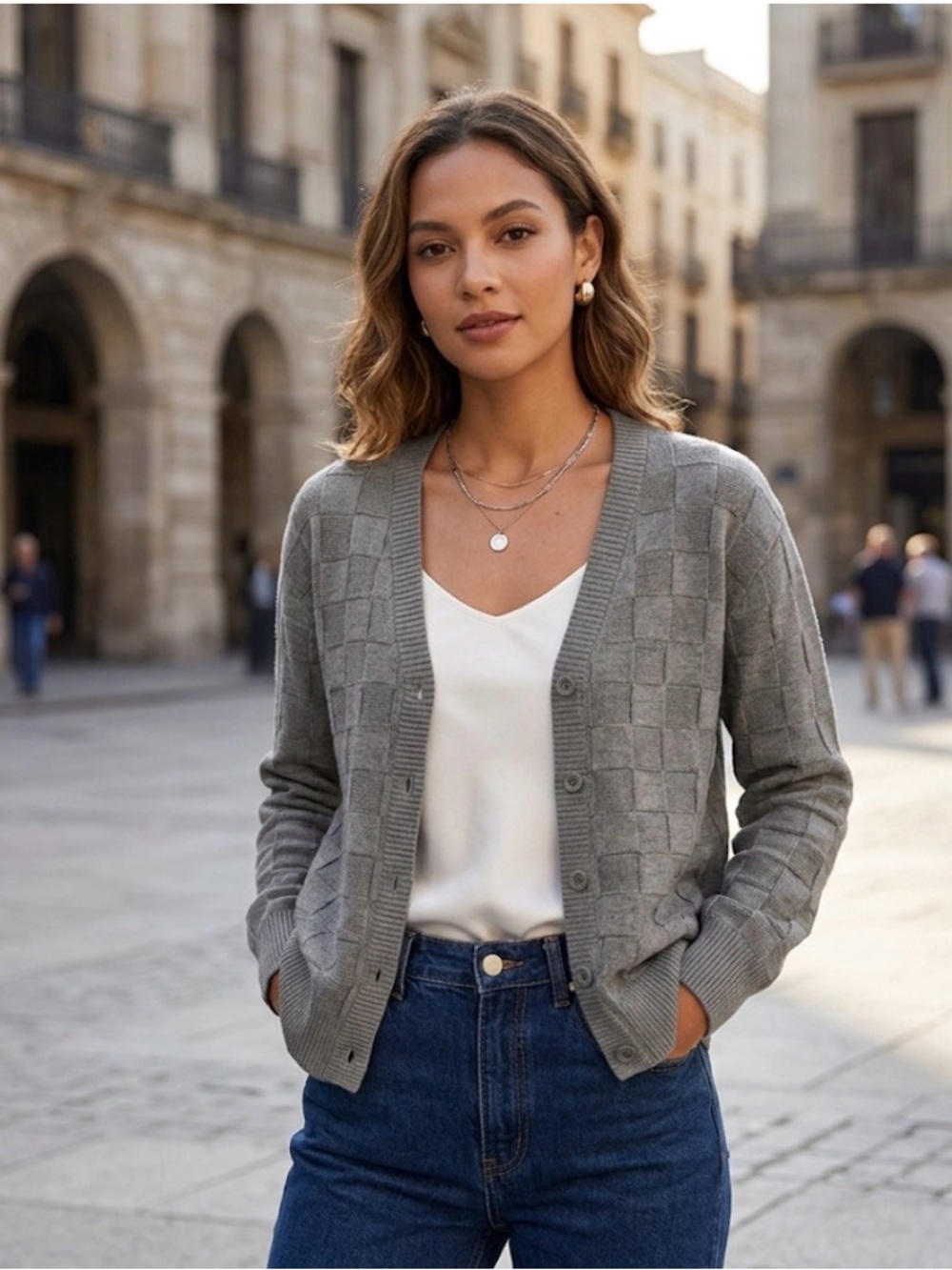 Button Down V-Neck Cardigan, Women’s S, Grey